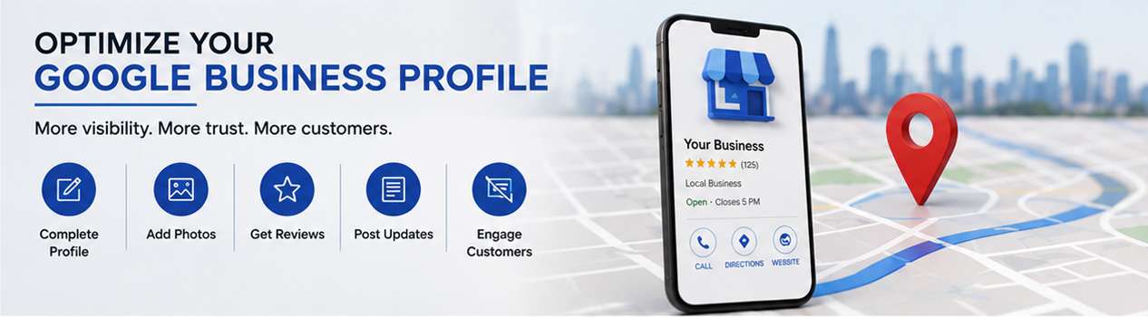Google Business Profile optimization banner showing mobile local business listing and map pin