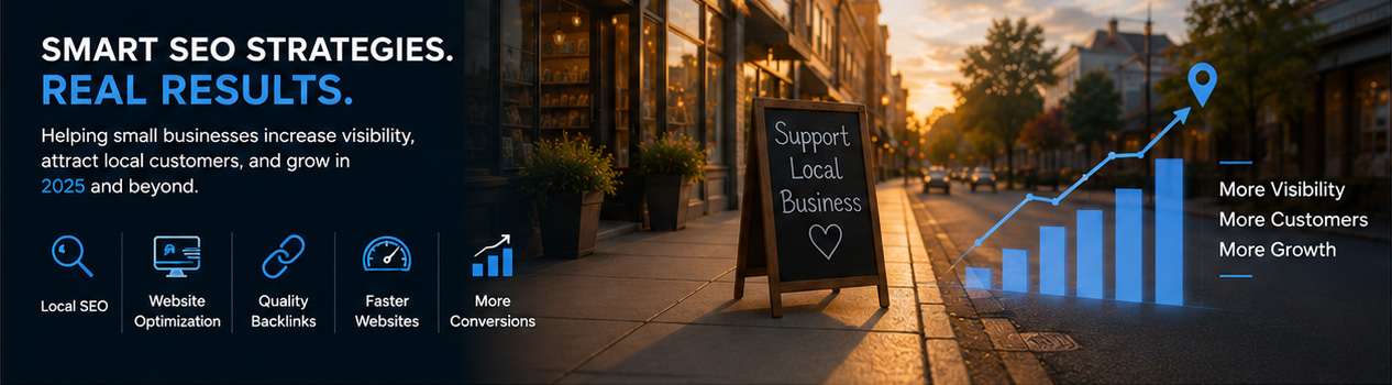 Smart local SEO strategies banner showing business growth chart and local search optimization concepts
