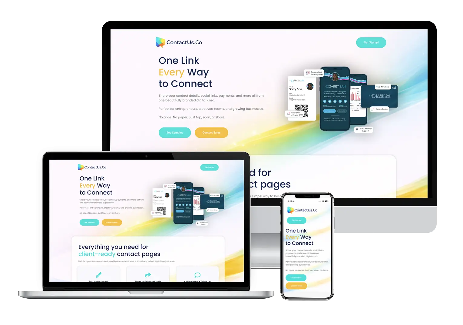 Responsive website design for ContactUs.Co digital contact card platform displayed on desktop, tablet, and mobile devices.