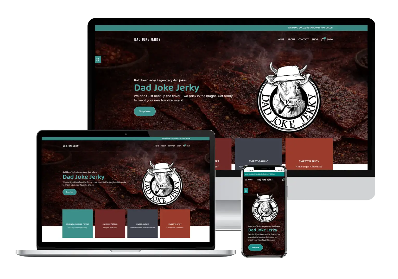 Dad Joke Jerky beef jerky ecommerce website design created by Sarry San showing responsive desktop laptop and mobile layout for California brand