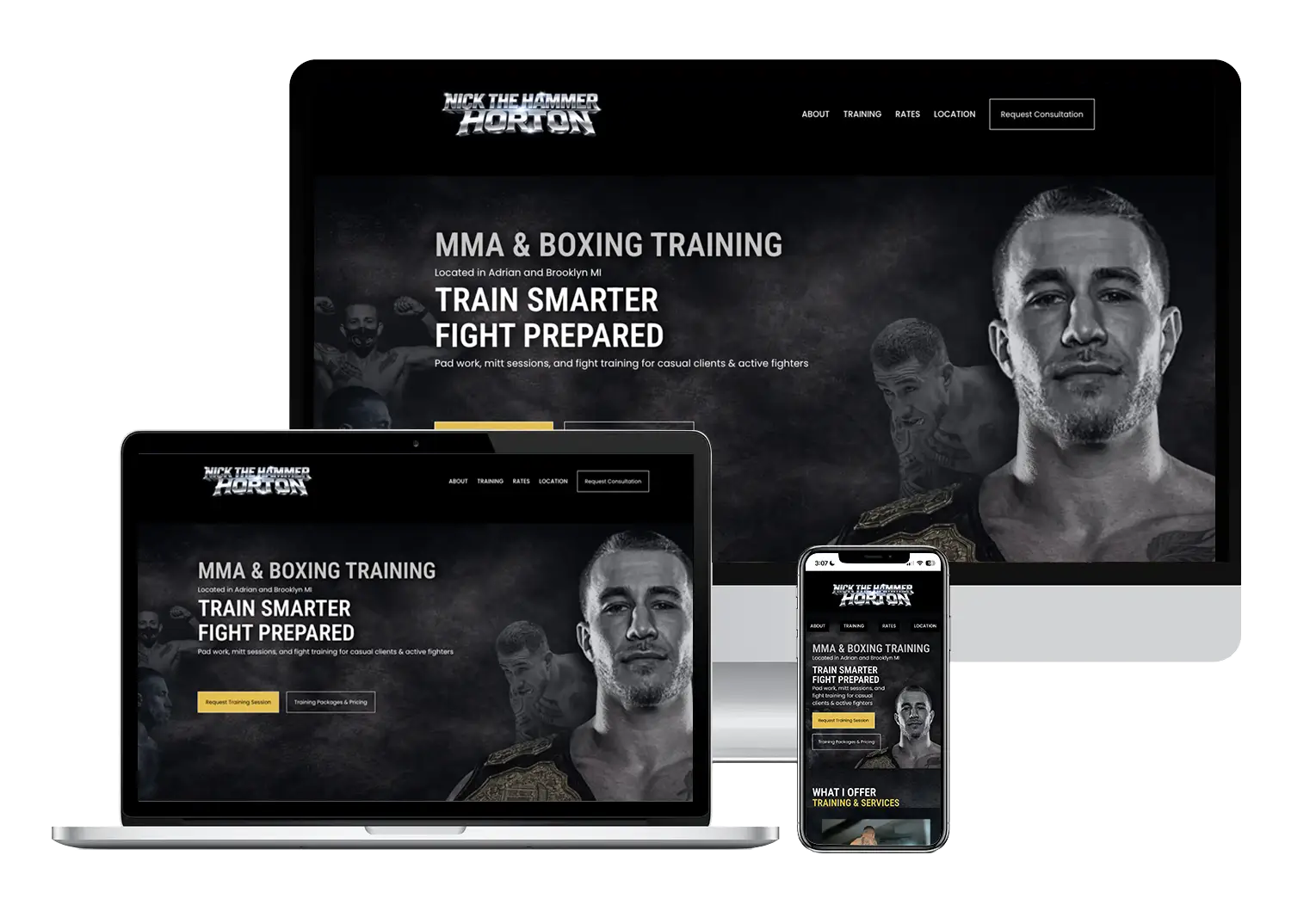 MMA and boxing training website design for Nick The Hammer Horton in Adrian Michigan created by Sarry San showing responsive desktop laptop and mobile layout