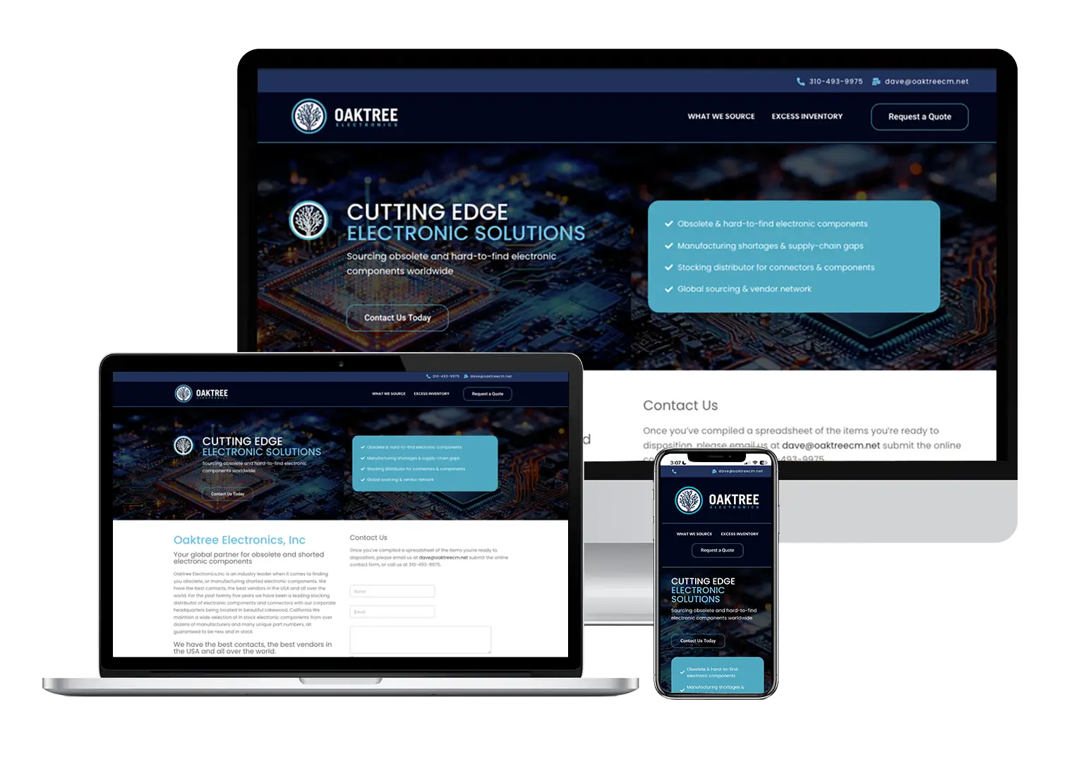 Corporate website design for Oaktree Electronics electronic components sourcing company in California created by Sarry San showing responsive desktop laptop and mobile layouts