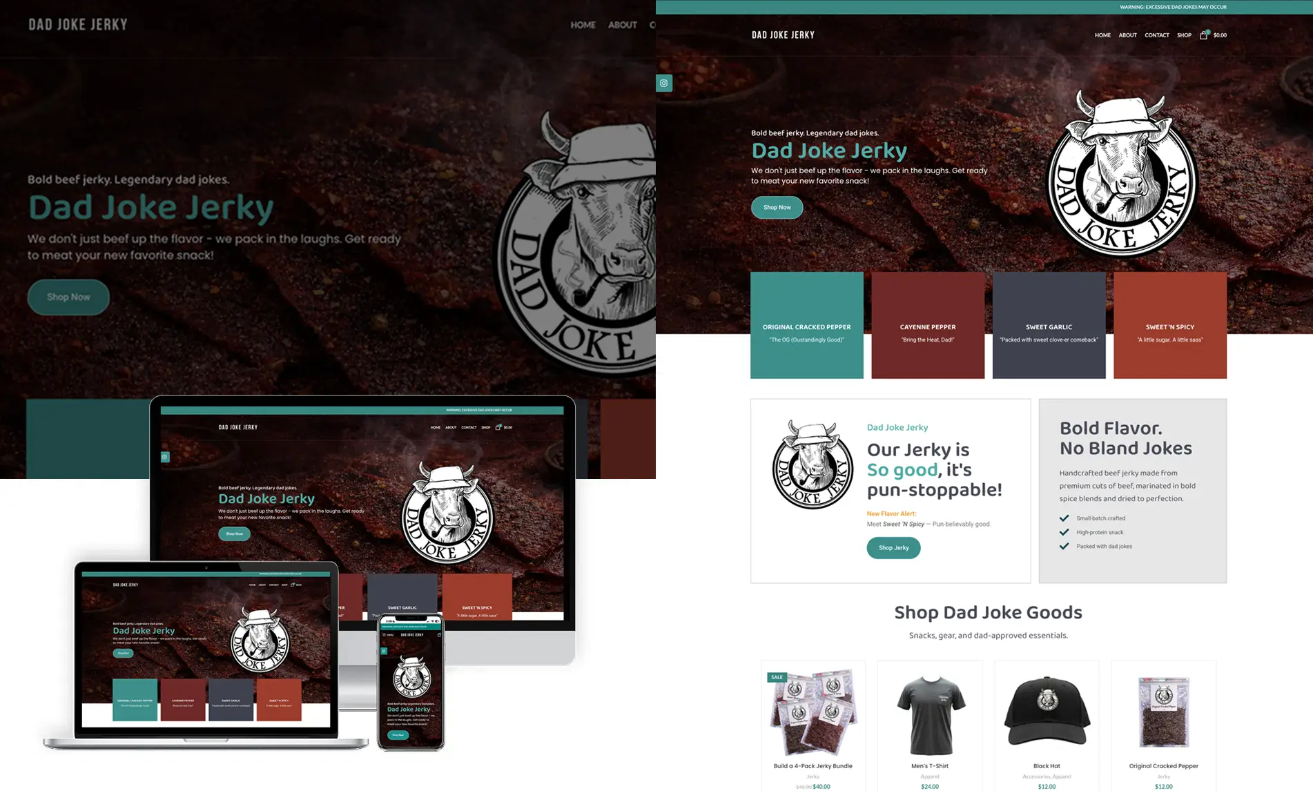 WooCommerce ecommerce store homepage design for Dad Joke Jerky beef jerky brand in California created by Sarry San