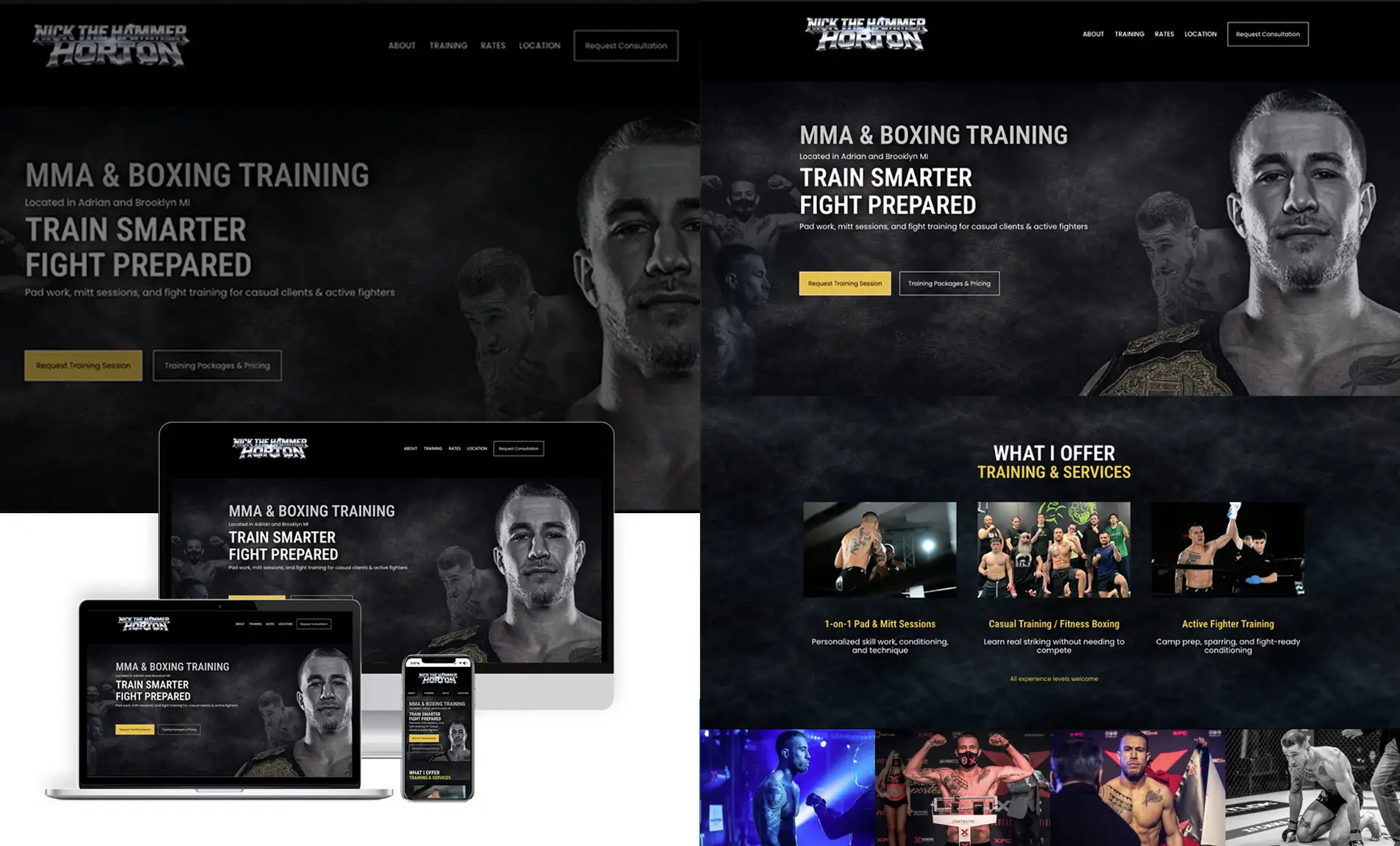 MMA and boxing coach website homepage design for Nick The Hammer Horton serving Adrian and Brooklyn Michigan created by Sarry San
