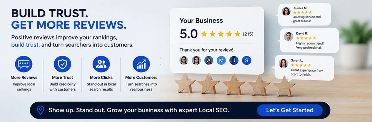 Local SEO review management graphic showing five-star Google reviews, customer trust signals, and reputation growth.