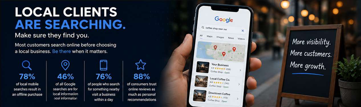 Local SEO marketing graphic showing Google search visibility, mobile search statistics, and Google Maps business listings.