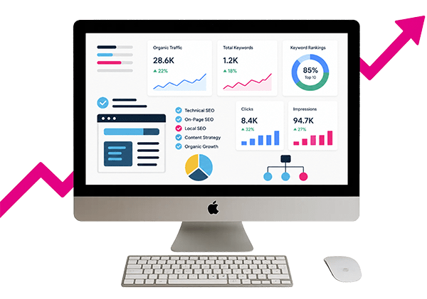 SEO services dashboard showing organic traffic growth, keyword rankings, technical SEO metrics, and search visibility analytics.