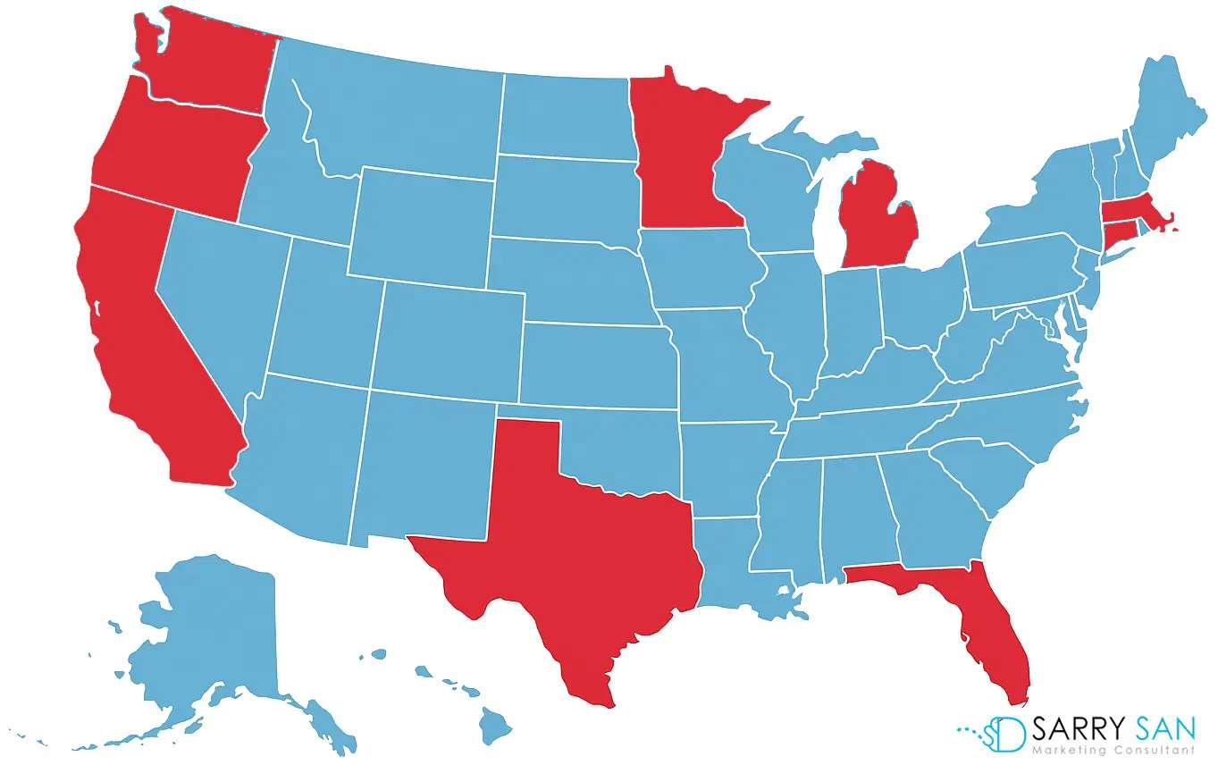 United States map highlighting Sarry San service areas across Massachusetts, Florida, Texas, California, Oregon, Michigan, Minnesota, and Connecticut.