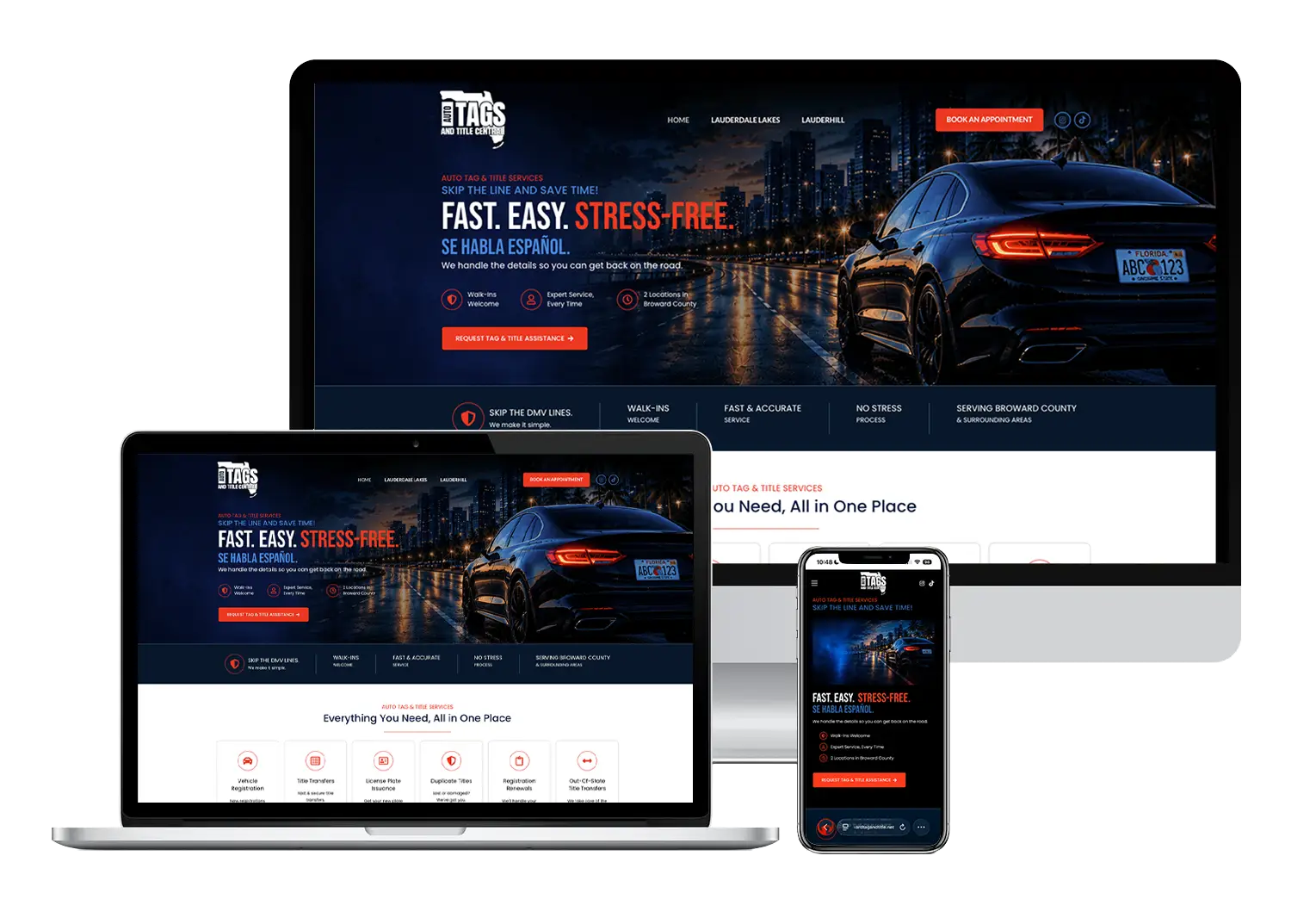 Auto Tags and Title Central website design for vehicle registration, title transfers, and tag renewal services in Broward County Florida.