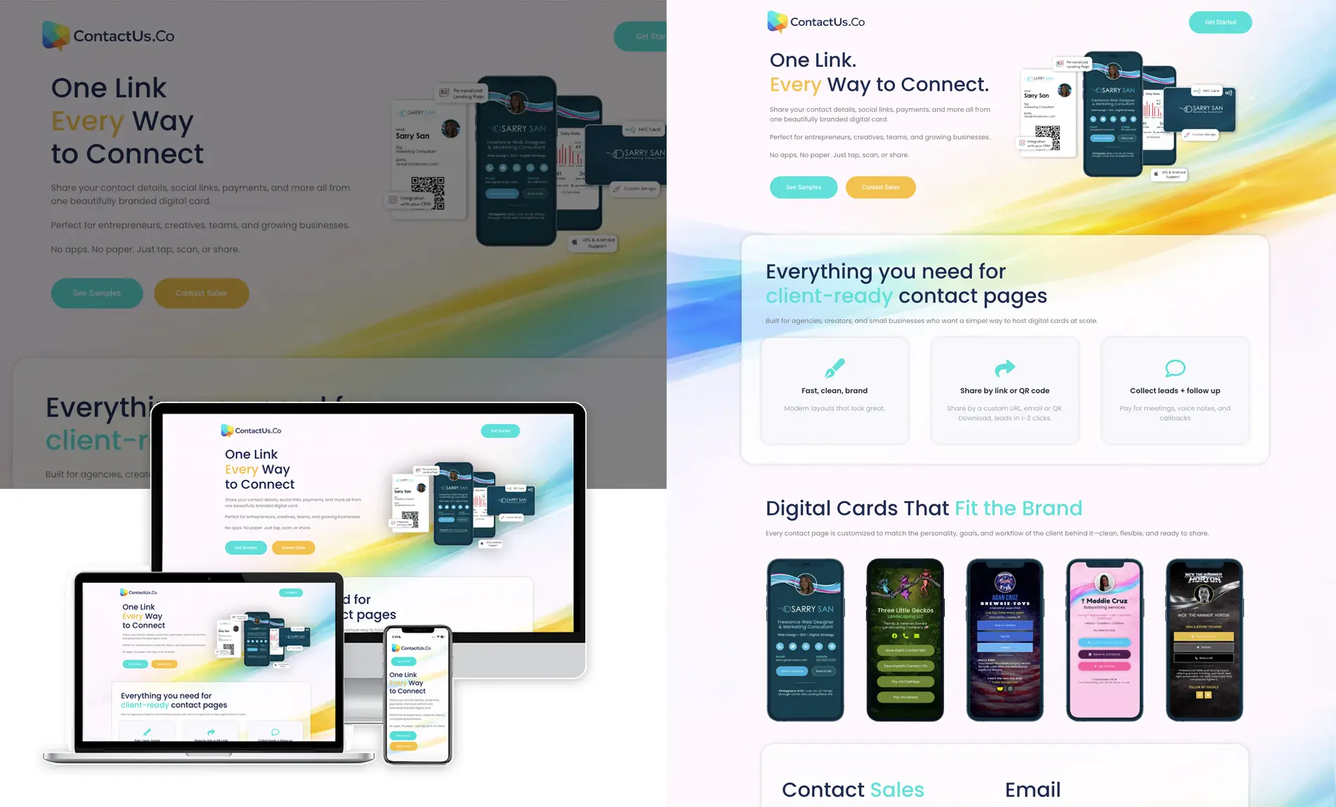Custom website design for ContactUs.Co, a Florida-based digital business card and contact management platform.