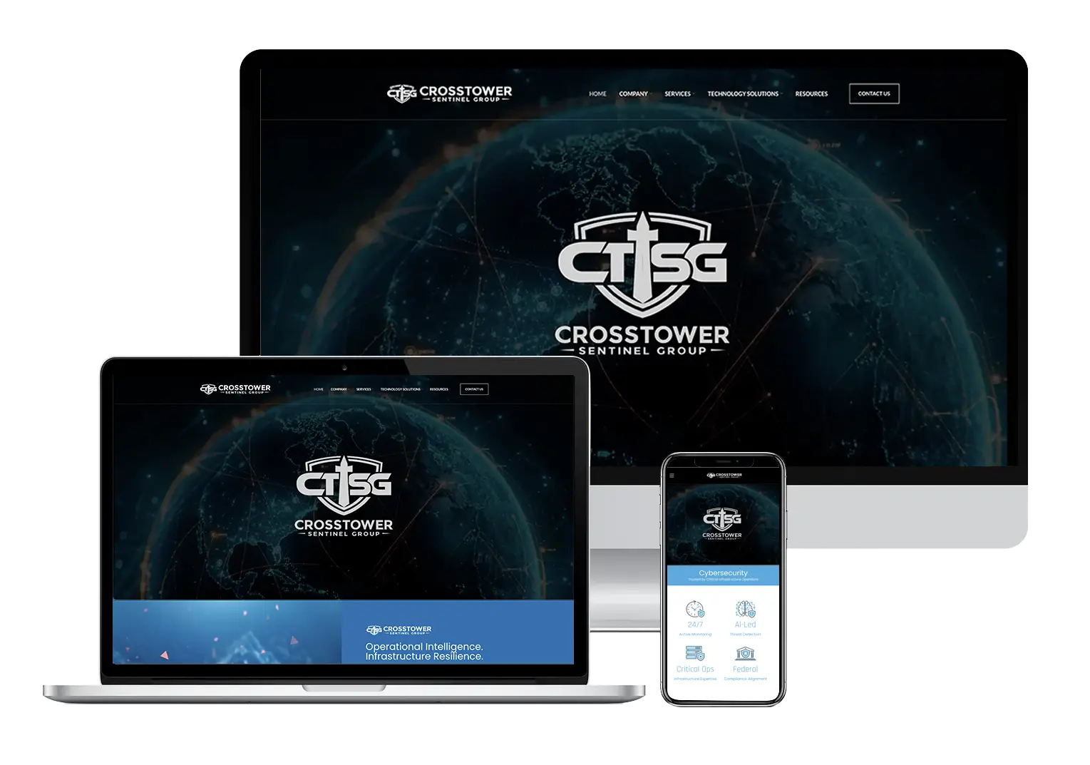 Cybersecurity company website design for Crosstower Sentinel Group featuring technology-focused branding and responsive business website development.
