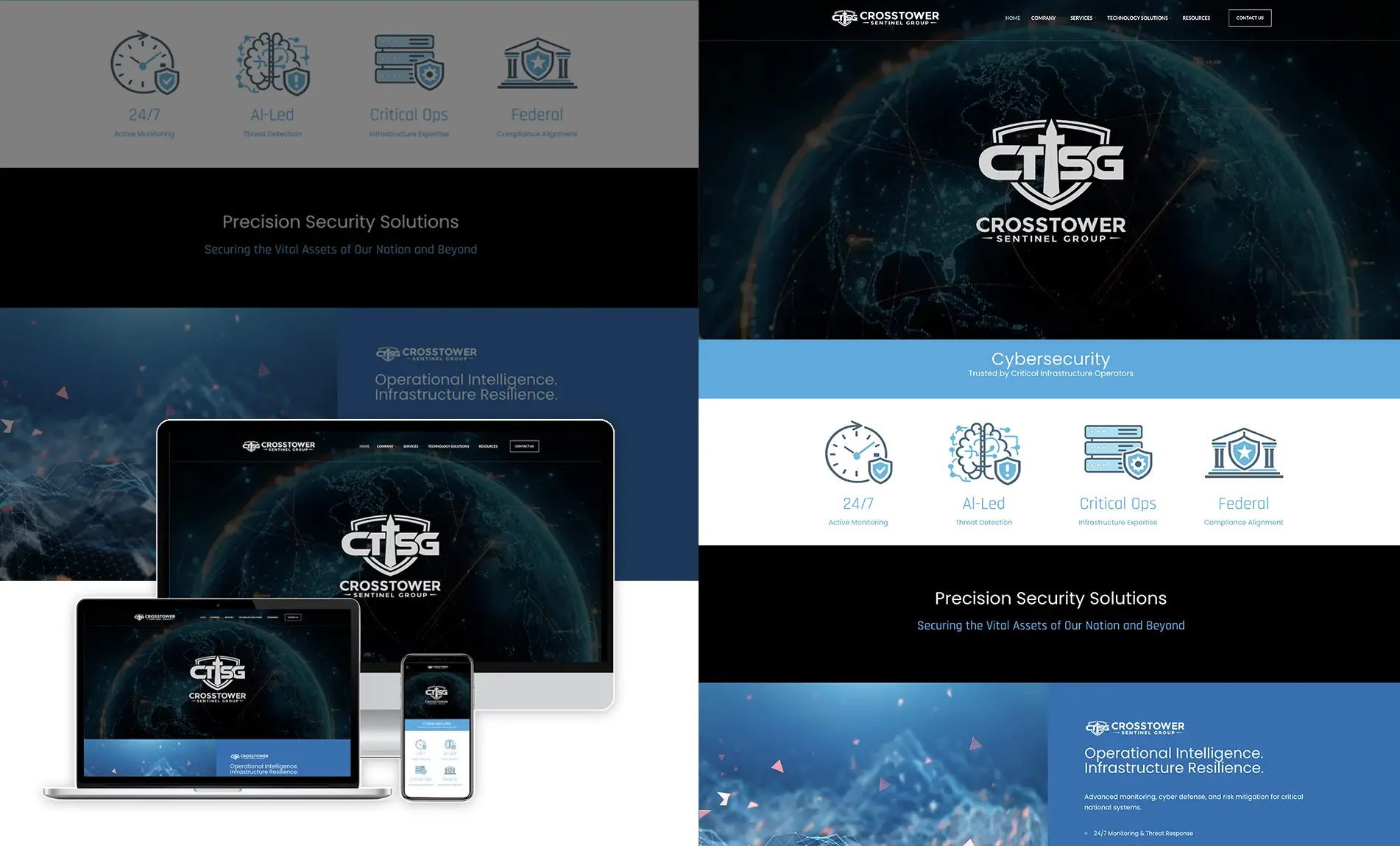 Cybersecurity website design for Crosstower Sentinel Group, a company specializing in infrastructure protection and security solutions.