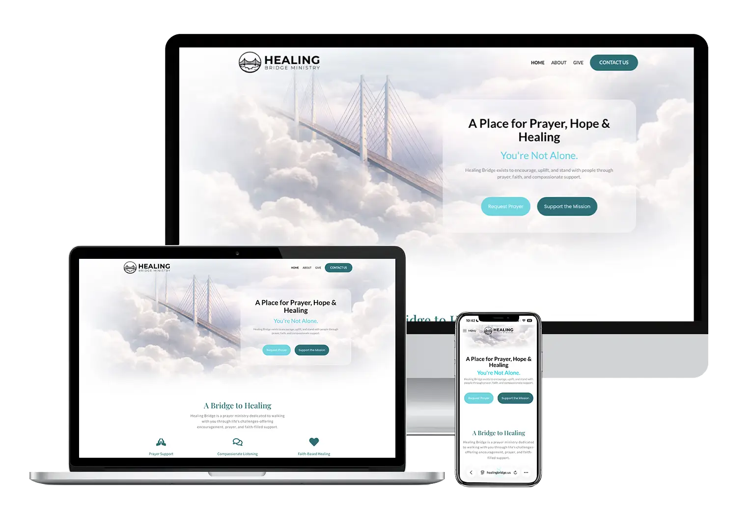 Healing Bridge Ministry faith-based nonprofit website design created by Sarry San LLC for prayer, healing, and Christian outreach organization.