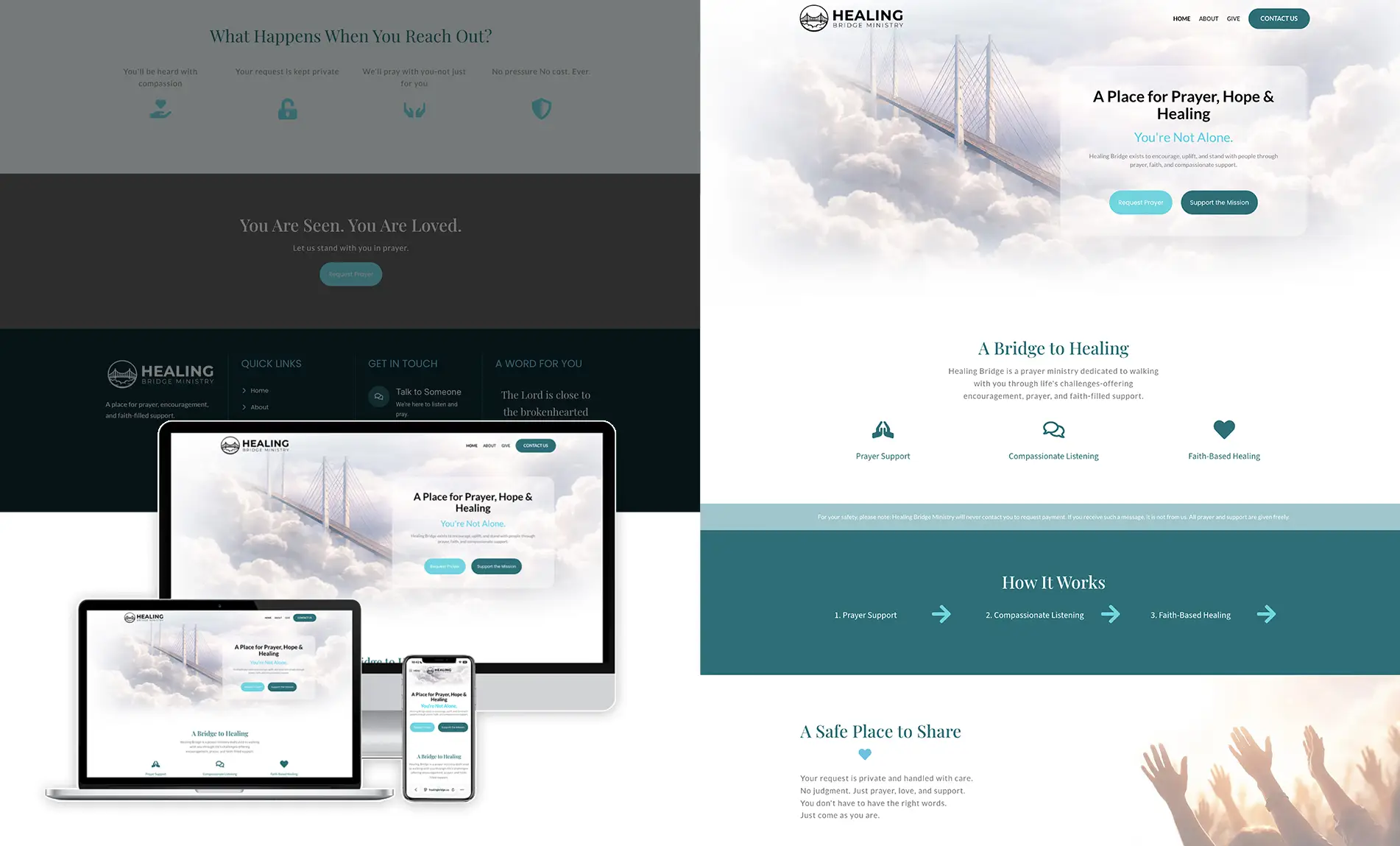 Faith-based ministry website design for Healing Bridge Ministry, providing prayer support, encouragement, and compassionate outreach.