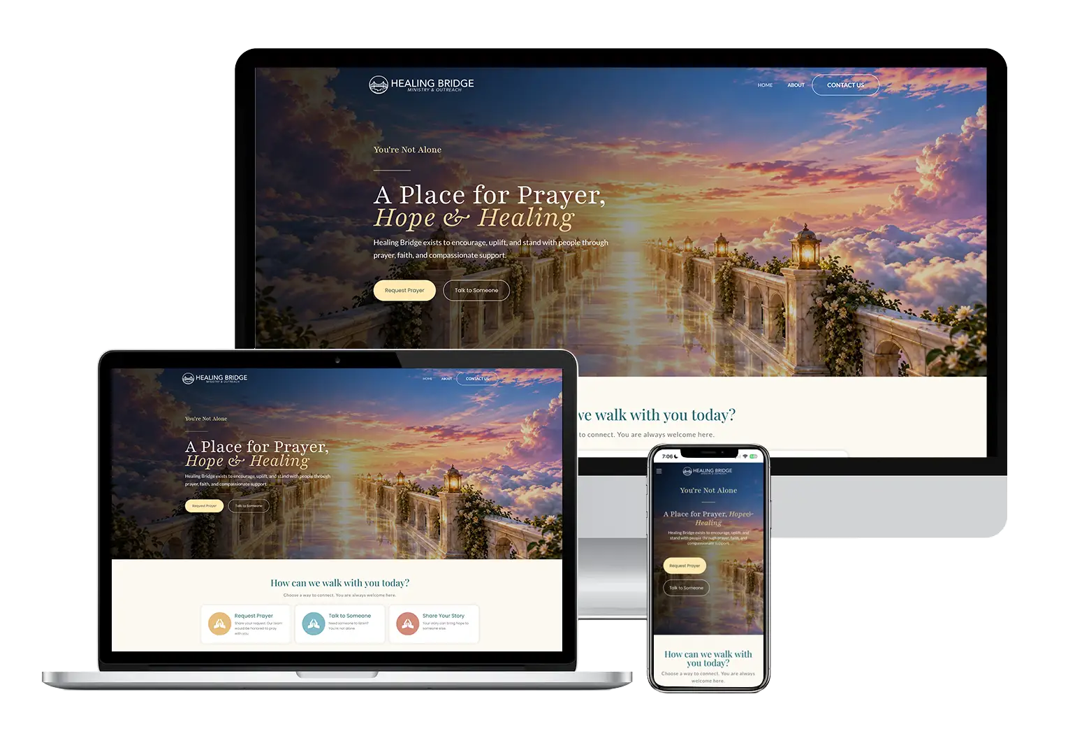 Healing Bridge Ministry website shown on desktop, laptop, and mobile devices